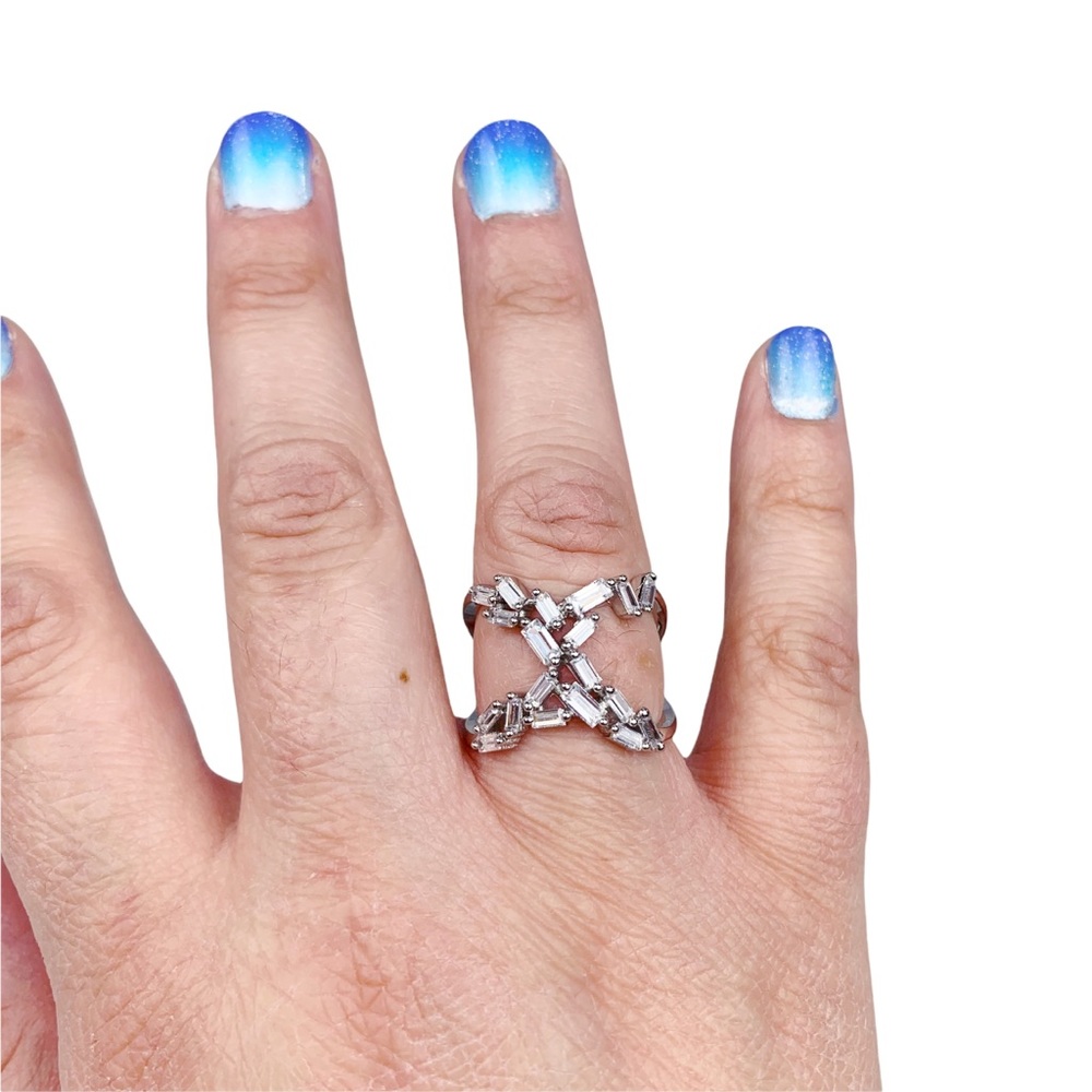 Silver Emerald Diamond Baguette Cubic Zirconia X Shape Ring Size 7 Size 8 - Picture 4 of 17